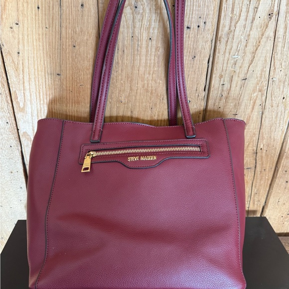 Steve Madden Large Faux Pebbled Leather Tote Crossbody Bag EUC Burgundy/Brown - Picture 14 of 16